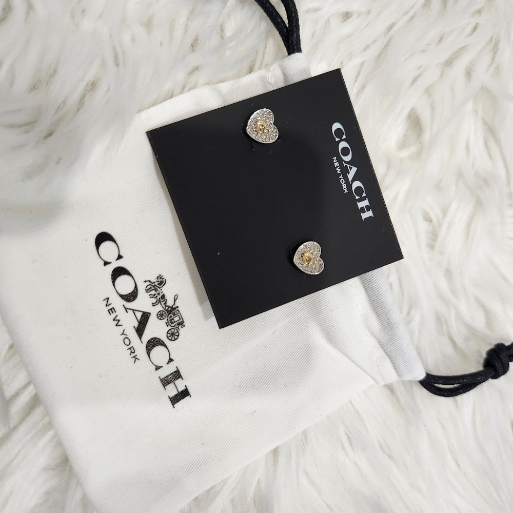🩶▪️Coach ▪️Heart Earrings Two-Tone Pave Rhinestone w/ Signature C. - Picture 3 of 5
